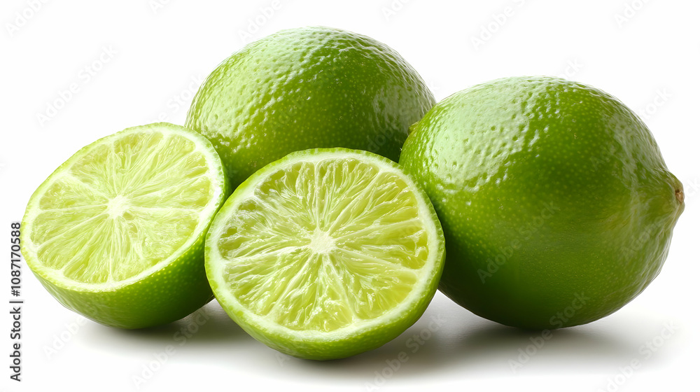 Green Limes Cut in Half on White Background - Realistic Image Green Limes Cut in Half on White Background - Realistic Image