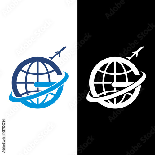 the letter G logo with the airplane and globe symbols defines exploring new adventures and traveling across the world