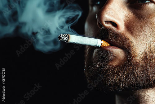 close up of man with beard smoking cigarette, exhaling smoke. dark background enhances dramatic effect of scene