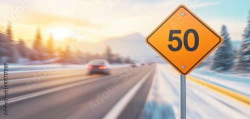 A blurred view of a speed limit sign indicating 50, amidst a snowy landscape and a road during sunset. photo