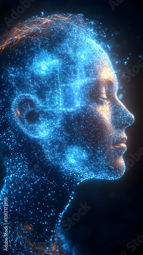 Abstract digital human head profile, glowing particles.