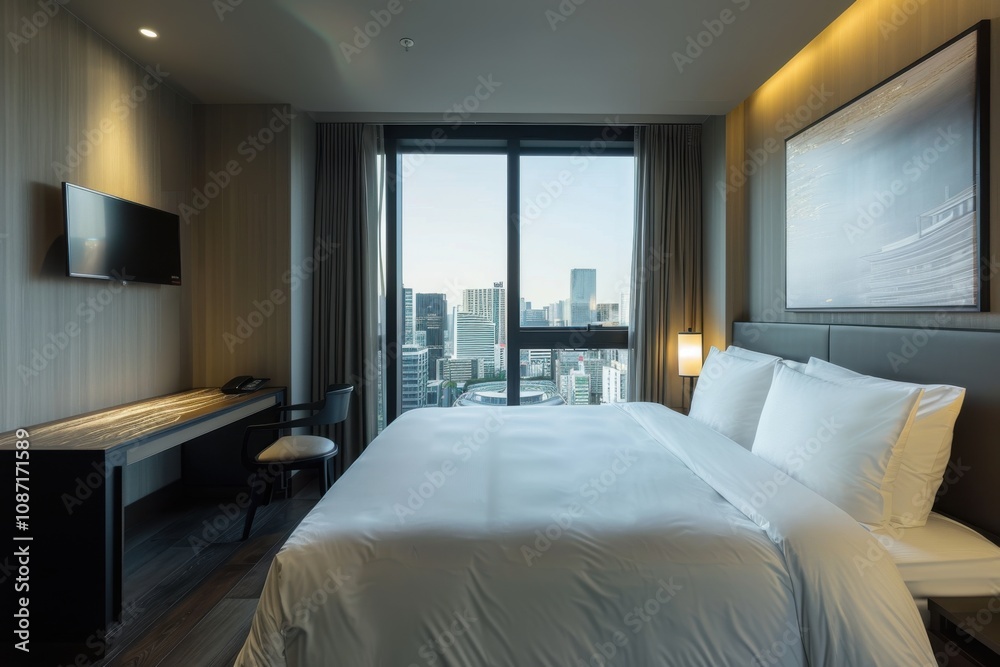 Modern Hotel Room Shows City View with Comfortable Bed, Desk, and TV Screen Nicely Modern Hotel Room Shows City View with Comfortable Bed, Desk, and TV Screen Nicely