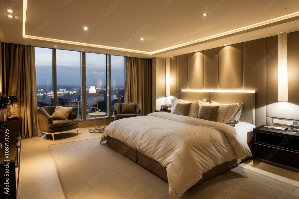 Luxury Bedroom Design Showcases Elegant Interior with City View at Night Luxury Bedroom Design Showcases Elegant Interior with City View at Night
