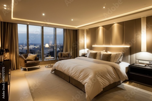 Luxury Bedroom Design Showcases Elegant Interior with City View at Night
