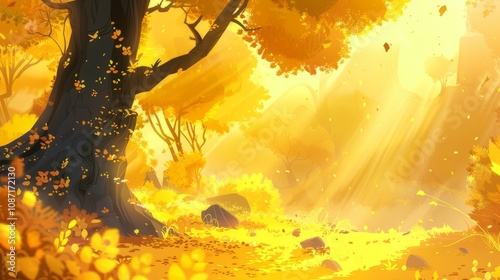 Golden sunlight streams through the trees in a vibrant autumn forest