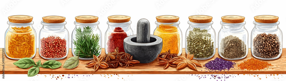 Assorted spices in glass jars with mortar and pestle on wooden board. Assorted spices in glass jars with mortar and pestle on wooden board.
