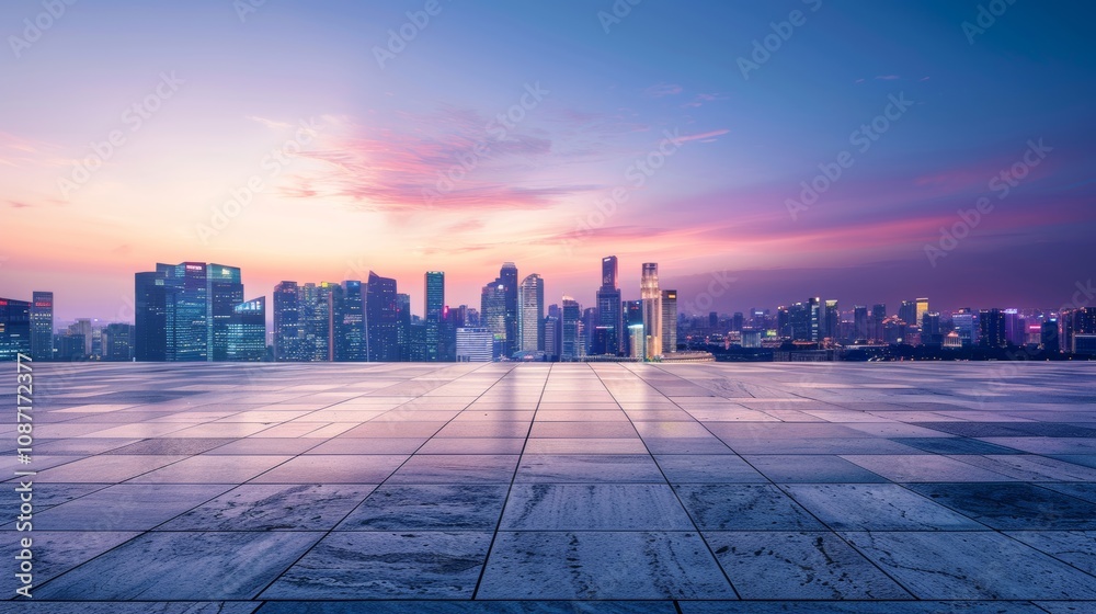 Empty square floor with city skyline background, Metropolitan plaza with futuristic architecture, twilight atmosphere Empty square floor with city skyline background, Metropolitan plaza with futuristic architecture, twilight atmosphere