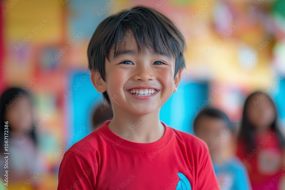 Smiling child in classroom setting highlighting joy and education, suitable for school promotions and educational materials Smiling child in classroom setting highlighting joy and education, suitable for school promotions and educational materials