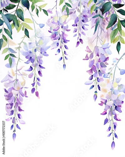 blue and white flowers, watercolor painting purple wisteria