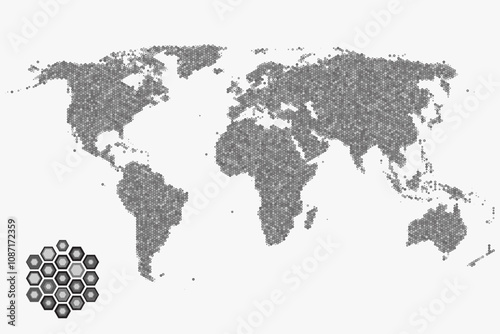 Flat earth world map with hexagonal dots. Round pixel pattern. Modern digital globe. Bright dots on white background. Worldmap template for website, infographics, design.