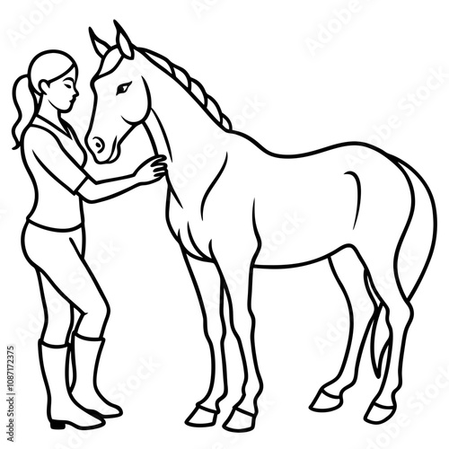 woman rider takes care of thoroughbred horse