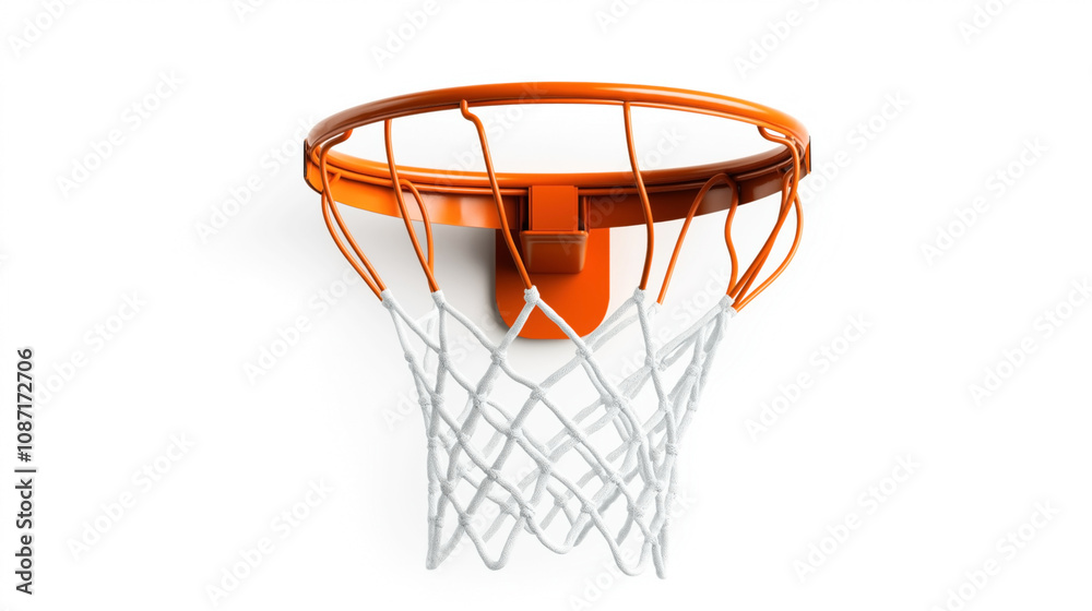 Close-up view of an orange basketball hoop with a white net against a plain white background, showcasing the top and side structure of the rim and attachment. Close-up view of an orange basketball hoop with a white net against a plain white background, showcasing the top and side structure of the rim and attachment.