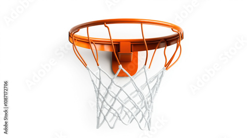 Close-up view of an orange basketball hoop with a white net against a plain white background, showcasing the top and side structure of the rim and attachment.