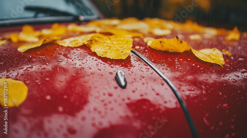 Autumn yellow fallen leaves on the hood of a red car, close-up. photo