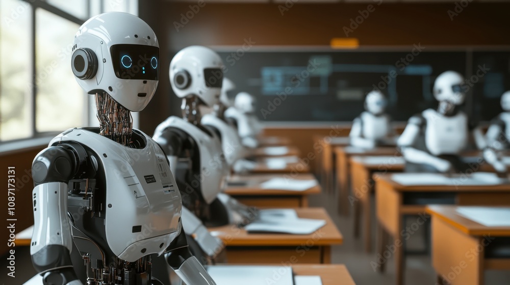 Classroom of the Future: A Row of Humanoid Robots Engaged in Learning Activities in a Modern Educational Environment with a Black Board and Desks Classroom of the Future: A Row of Humanoid Robots Engaged in Learning Activities in a Modern Educational Environment with a Black Board and Desks