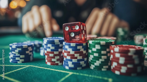 Interesting and exciting game of dice on the green table in poker in the club. photo