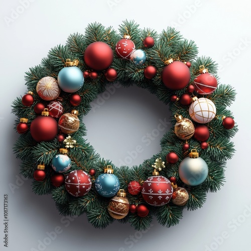 Festive Christmas Wreath: A classic Christmas wreath adorned with vibrant red, blue and gold ornaments, creating a festive and welcoming ambiance. 