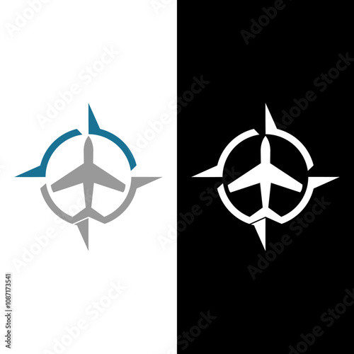 the compas and airplane logos as symbols guide the journey in the right direction during flight