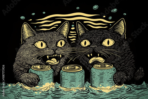 Shocked kittens and canned drinks poster illustration. Two surprised cats trying fizzy drinks