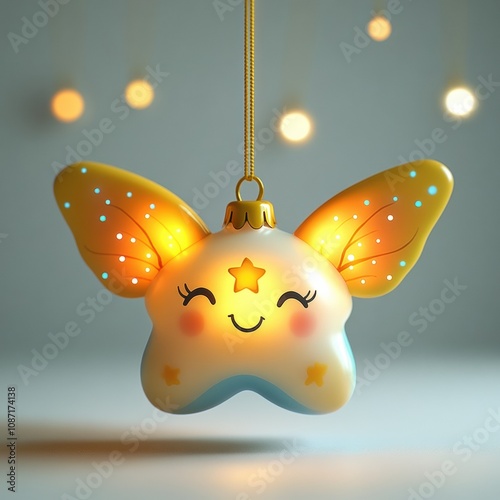 Smiling Star Ornament: A whimsical 3D rendering of a charming star-shaped Christmas ornament with glowing wings, perfect for adding a touch of magic to your holiday decor.  