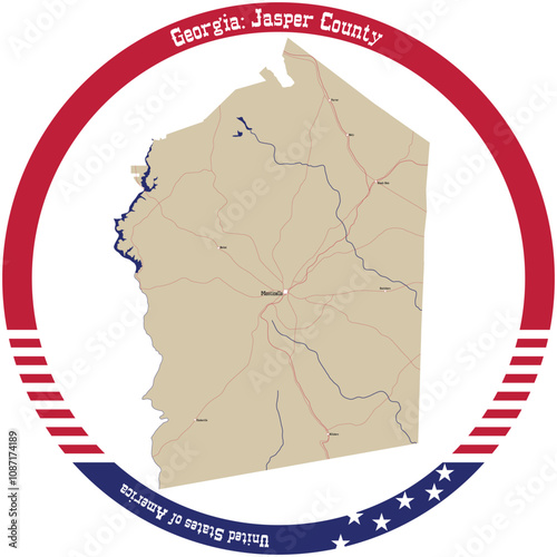 Map of Jasper County in Georgia, USA arranged in a circle.