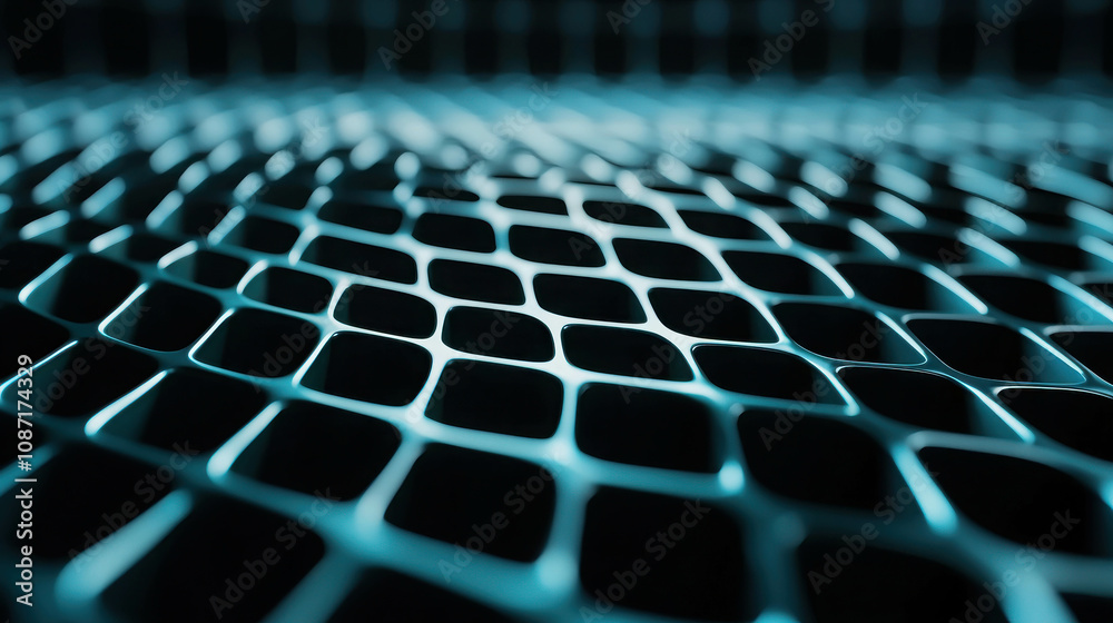 Obraz premium Abstract technological background with shimmering grid pattern featuring smooth curves and peaks, creating a sense of depth and dimensionality in a futuristic design