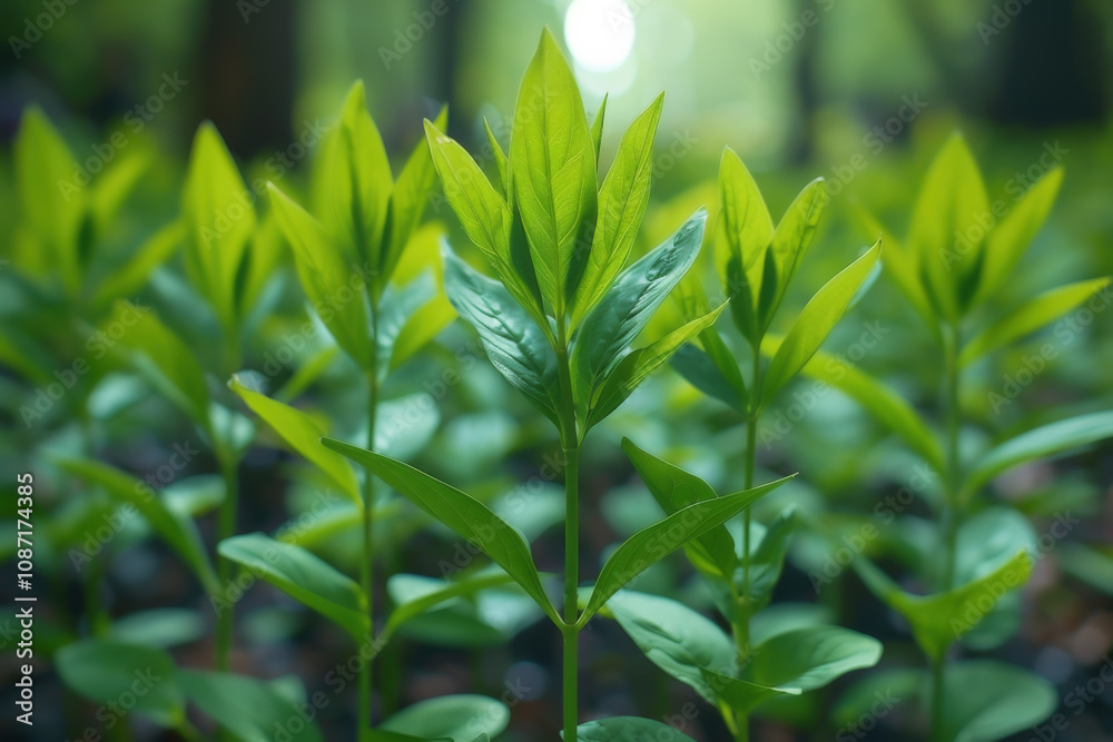 Lush green plants thrive under natural light in a vibrant, serene outdoor environment Lush green plants thrive under natural light in a vibrant, serene outdoor environment