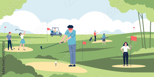 Play golf on course. Golfers characters with clubs playing on field. Sport recreation, players with friends or trainer. Competition recent vector scene
