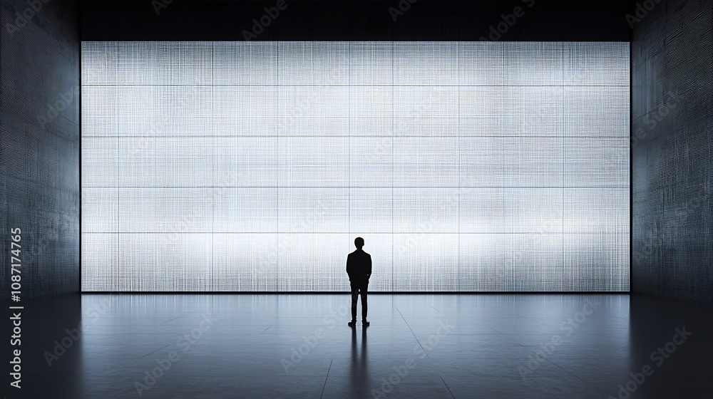 Fototapeta premium Man Viewing Expansive Data Visualization Dashboard in Minimalist Corporate Setting