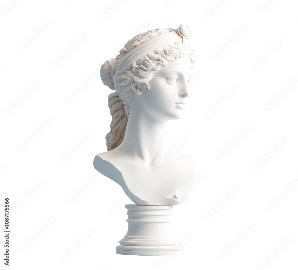 Classic white marble bust of a woman with intricate hair details displayed elegantly against a plain background Classic white marble bust of a woman with intricate hair details displayed elegantly against a plain background