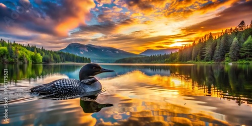 Serene Loon Reflections on a Tranquil Lake at Sunset with Lush Greenery Surrounding and Majestic Mountains in the Background for a Peaceful Nature Landscape