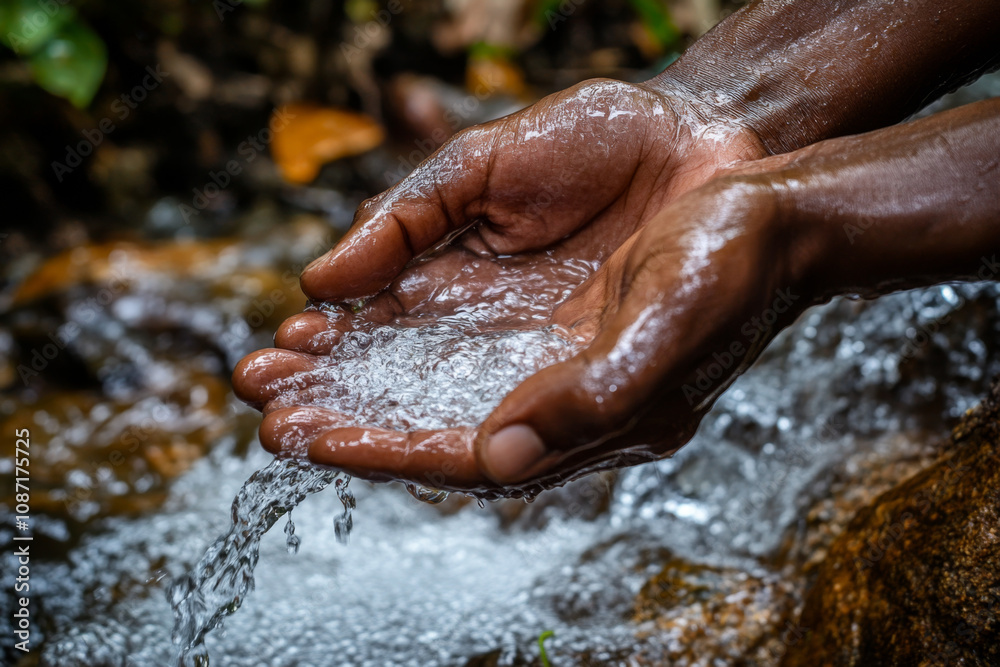 Fototapeta premium Social Issues Water Pouring in African Child's Hands