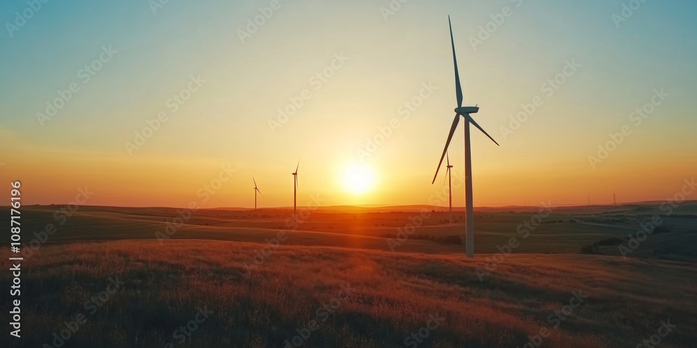 Obraz premium Wind power plant in the yellow field against cloudy sky. Bright autumn landscape, large panoramic view