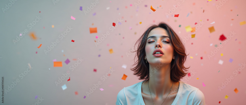 Mid-Shot of Person Gazing Upwards with Floating Confetti and Minimal Gradient Background Mid-Shot of Person Gazing Upwards with Floating Confetti and Minimal Gradient Background