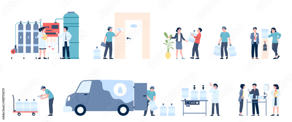 Fototapeta premium Clean water delivery and purification process. Scientist research liquids for public drinking. Transportation, distribution and logistic recent vector scenes