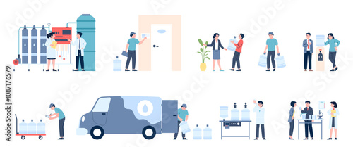 Clean water delivery and purification process. Scientist research liquids for public drinking. Transportation, distribution and logistic recent vector scenes