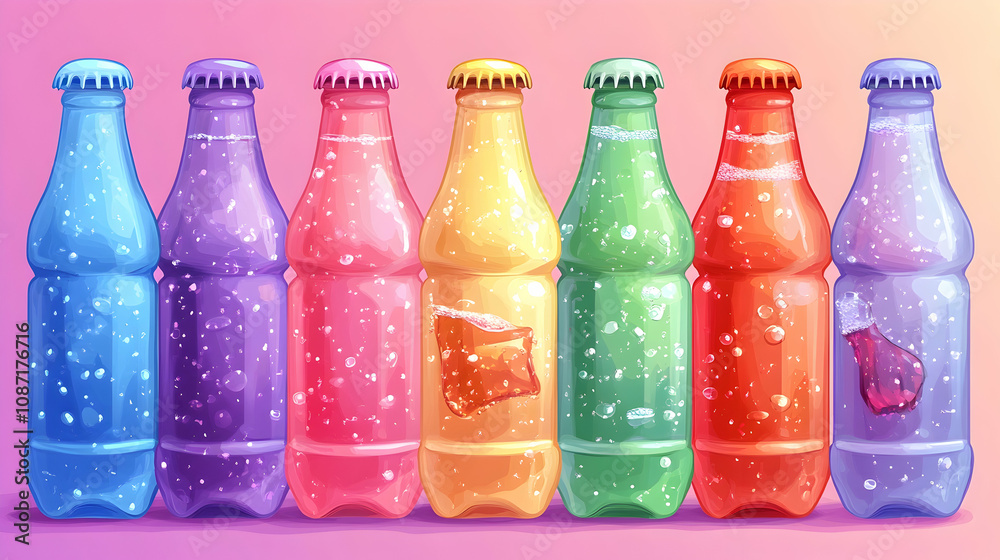 Colorful glass bottles of soda with bubbles. Colorful glass bottles of soda with bubbles.