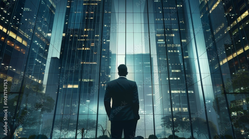 Businessman in suit, standing confidently, modern glass buildings reflecting ambition and professionalism, urban corporate environment, dynamic skyline Businessman in suit, standing confidently, modern glass buildings reflecting ambition and professionalism, urban corporate environment, dynamic skyline
