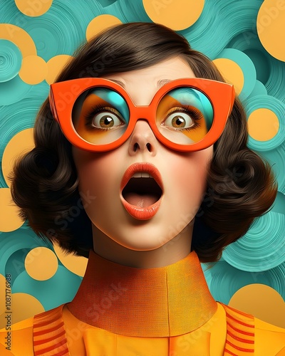 Retro pop art inspired digital depicting a woman with a surprised and excited facial expression photo