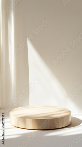 soft beige wooden round podium with white background