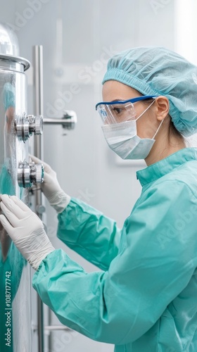 IVF embryo procedure concept, A healthcare professional in protective gear operates a medical device in a sterile environment, emphasizing safety and precision in medical procedures.