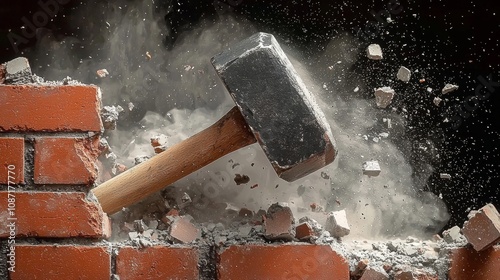 Sledgehammer Shattering Brick Wall, symbolizing power, destruction, and the force of overcoming obstacles in a dramatic scene photo