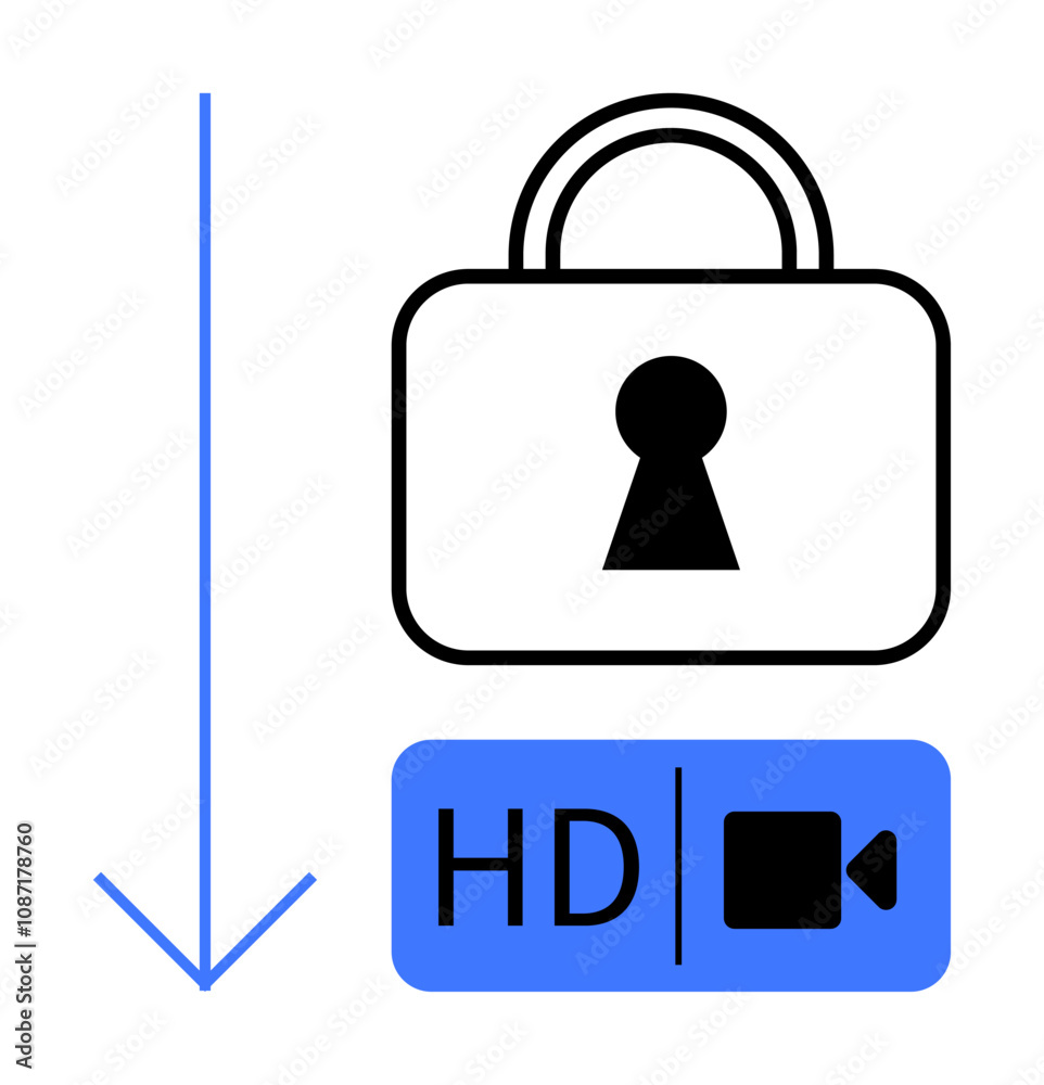 Downward blue arrow next to black padlock and blue HD video download icon. Ideal for digital security, media protection, online streaming, encrypted downloads, content safeguarding, data privacy Downward blue arrow next to black padlock and blue HD video download icon. Ideal for digital security, media protection, online streaming, encrypted downloads, content safeguarding, data privacy