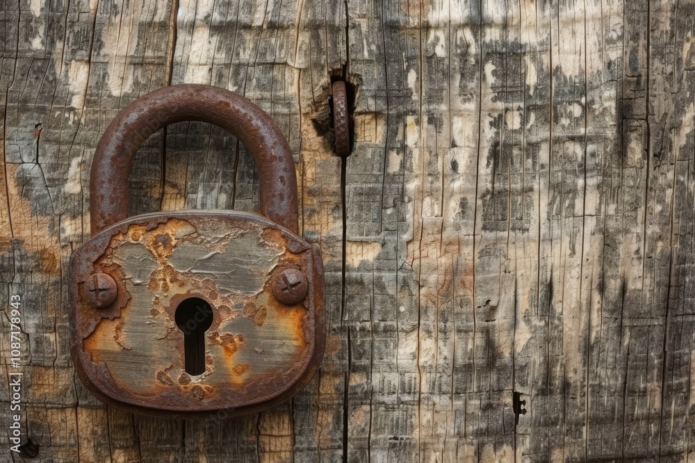 Rusty Lock Secures Weathered Wood Door with Keyhole, Security, Vintage, Metal, Old Rusty Lock Secures Weathered Wood Door with Keyhole, Security, Vintage, Metal, Old