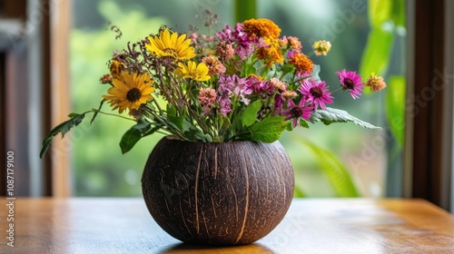 Wallpaper Mural Beautifully Arranged Colorful Flowers in a Natural Coconut Bowl Displaying Freshness and Vibrancy Against a Soft Focus Background of Greenery Torontodigital.ca