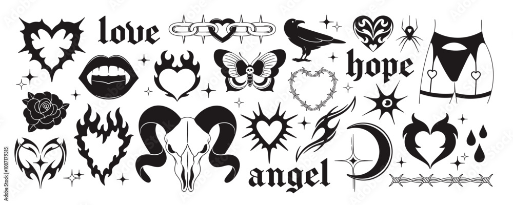 Retro tattoo style. Rock elements, y2k psychedelic stickers design. Rose hearts in fire flames, butterfly, vampire lips and teeth, animal skull racy vector set Retro tattoo style. Rock elements, y2k psychedelic stickers design. Rose hearts in fire flames, butterfly, vampire lips and teeth, animal skull racy vector set