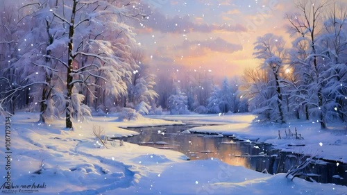 The serene winter scene features a snowy forest with a gently flowing river, creating an atmosphere of peace and tranquility.
