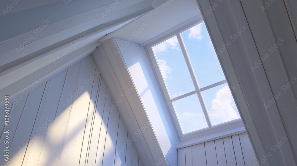 Sunlight streams through a pristine skylight, casting soft shadows on white wooden panels, creating a serene and airy atmosphere in a cozy attic space. Sunlight streams through a pristine skylight, casting soft shadows on white wooden panels, creating a serene and airy atmosphere in a cozy attic space.