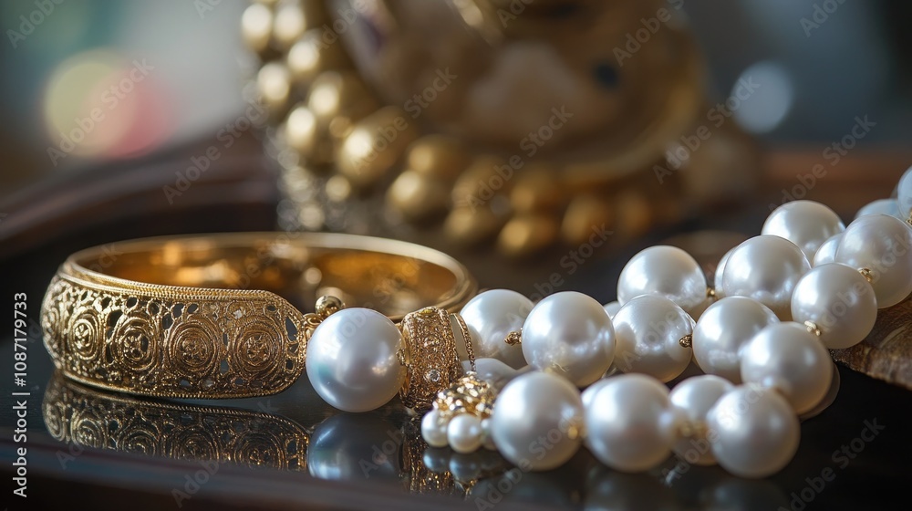 Elegant Gold Bangle and Lustrous Pearl Necklace Showcased on a Reflective Surface with Intricate Details and a Soft Background Ambiance Elegant Gold Bangle and Lustrous Pearl Necklace Showcased on a Reflective Surface with Intricate Details and a Soft Background Ambiance