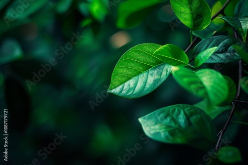 close-up of vibrant green leaves with soft lighting on a dark background, natural botanical theme, perfect for eco-friendly designs, nature layouts, or environmental concepts photo